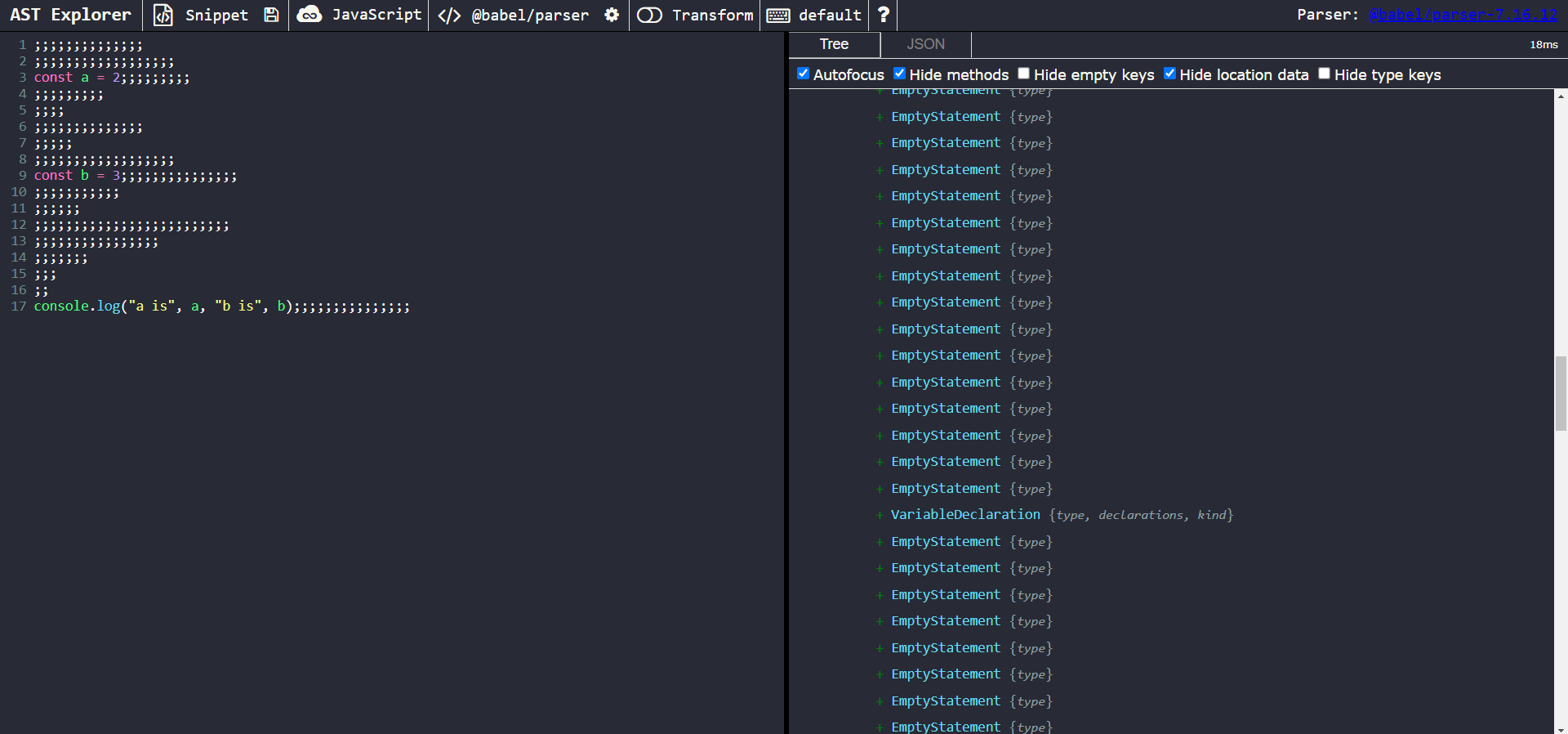 A view of the obfuscated code in AST Explorer